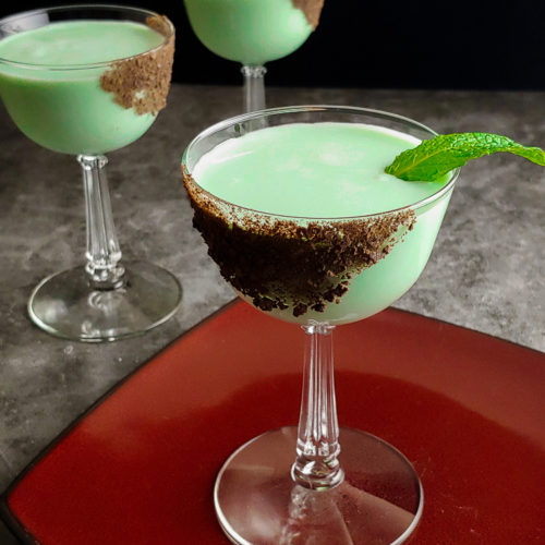 St Patrick's Day Cocktail, green with chocolate garnish