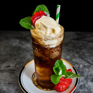 root beer float with mint and strawberry