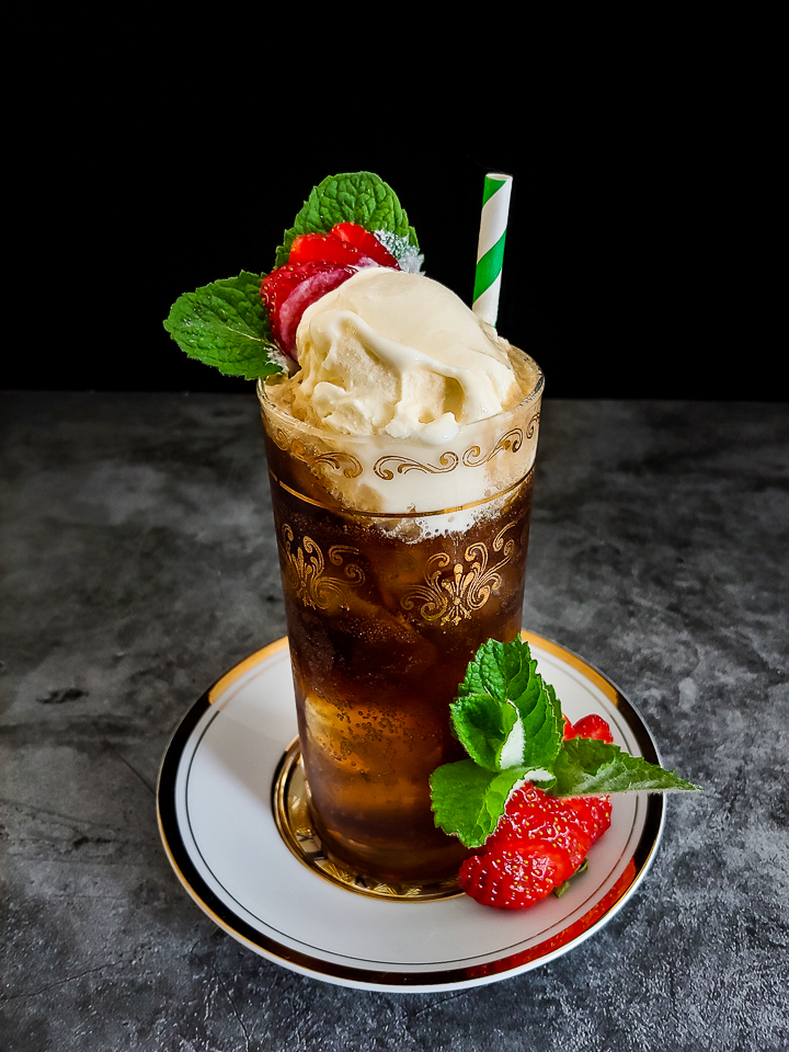 root beer float with mint and strawberry
