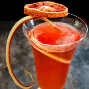 Aperol spritz cocktail with dried blood orange and rhubarb curl