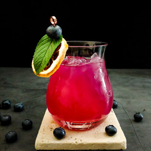 magenta tequila blueberry cocktail with lemon wheel, mint and blueberry garnish