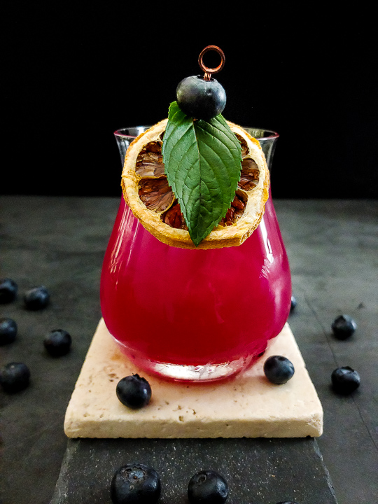 magenta tequila blueberry cocktail with lemon wheel, mint and blueberry garnish