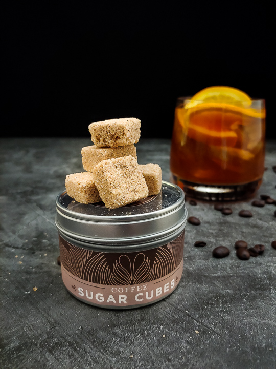 small tin with coffee sugar cubes and old fashioned