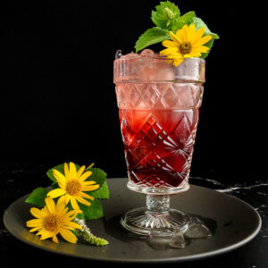Hibiscus Ginger Mule in a tall glass with flower and mint garnish