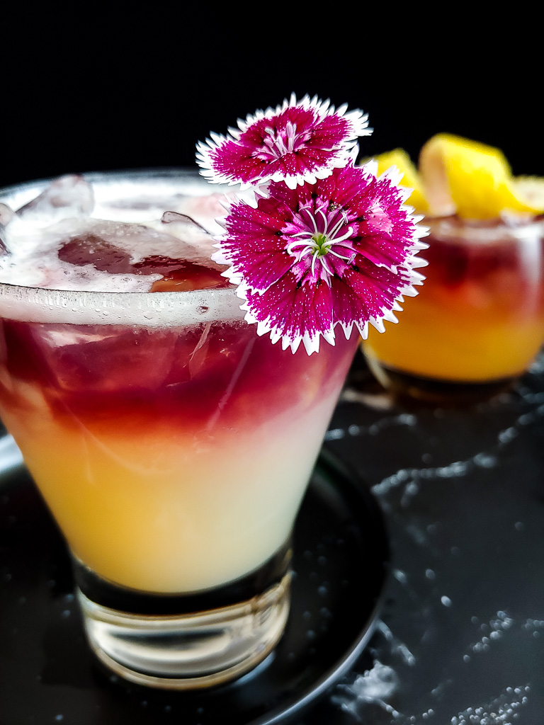 Two versions of New Your Sour garnished with flower and lemon