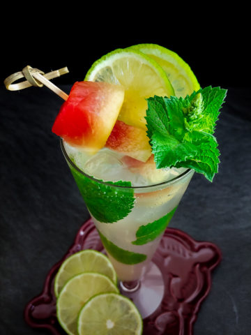 watermelon mojito with rum, lime and mint garnish