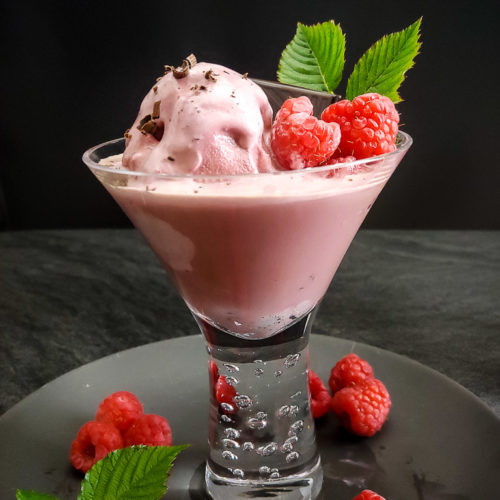 Chocolate affogato dessert with raspberry and raspberry leaf garnish