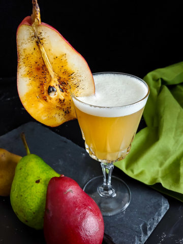 Perfect Fall Pear Whiskey Sour - torched pear slice garnish on a whiskey sour