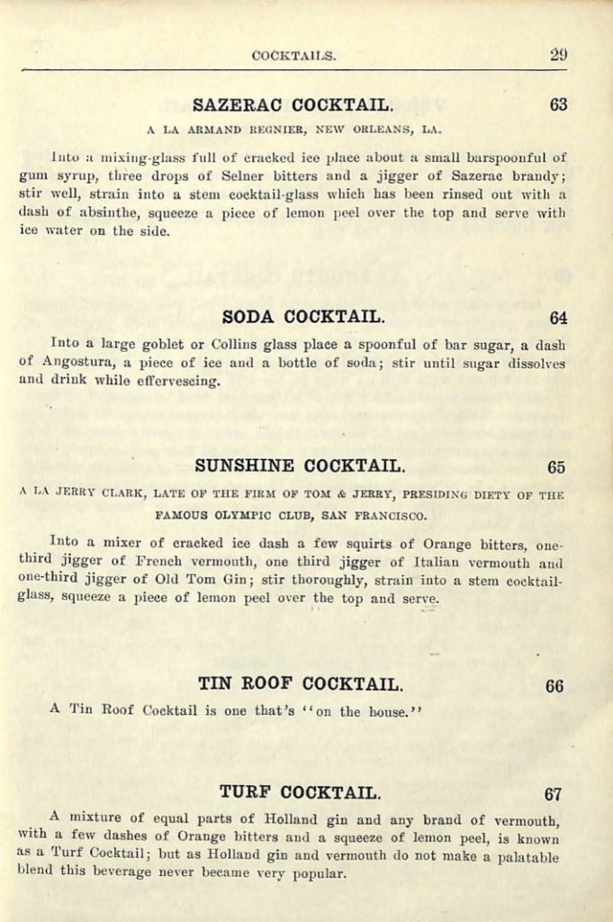 Printed bar menu with the classic Sazerac recipe.