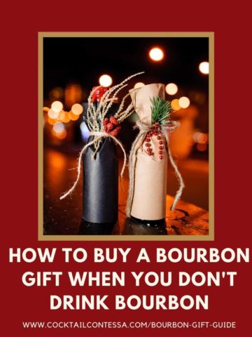 Bourbon Gift Guide image with two small wrapped bottles of spirits on a street scene