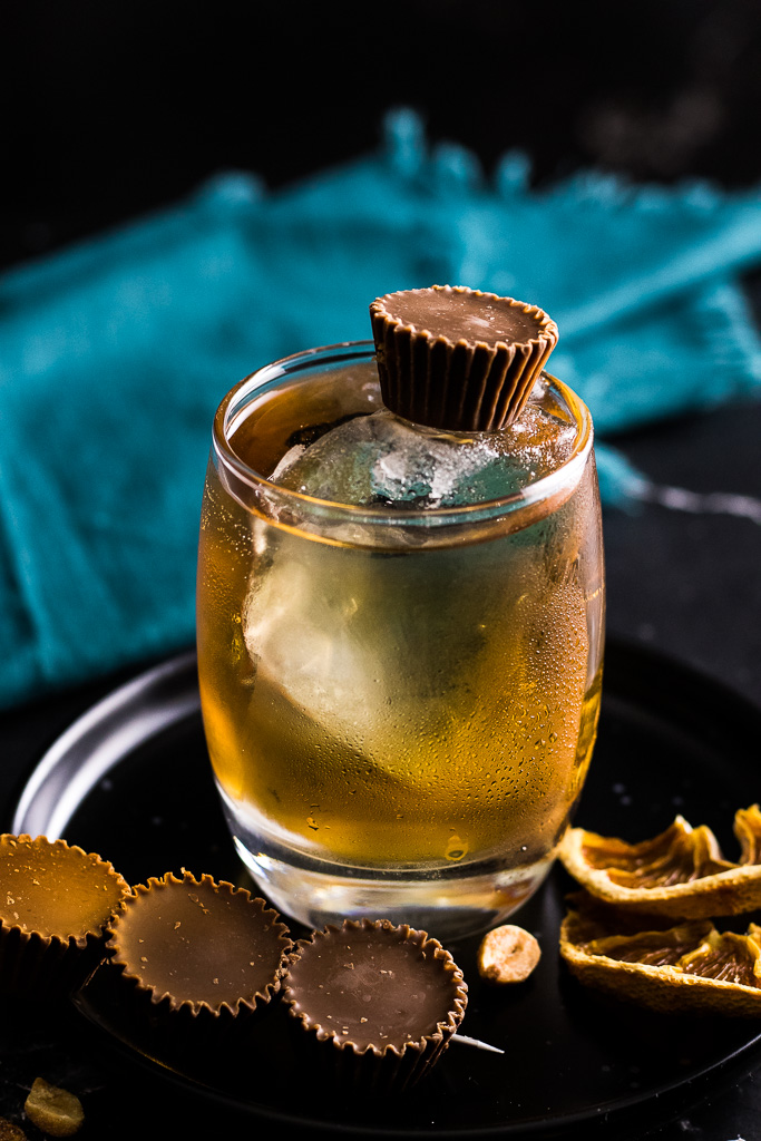 peanut butter old fashioned with a chocolate garnish.
