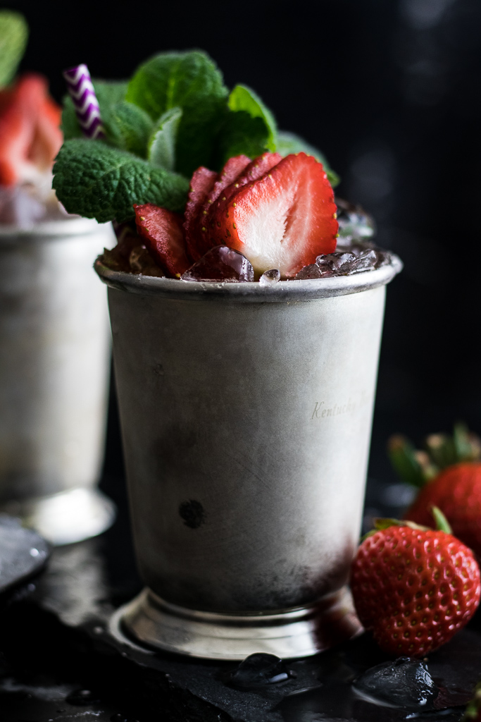 Strawberry mint julep - 2 in silver mint julep cups with mint and strawberry garnish