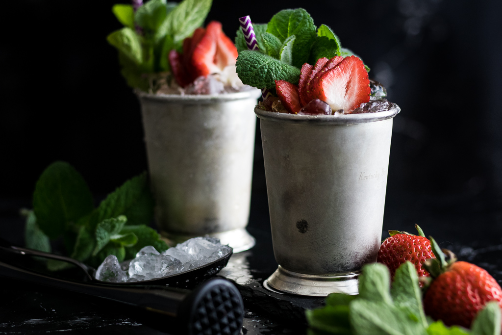 Strawberry mint julep - 2 in silver mint julep cups with mint and strawberry garnish