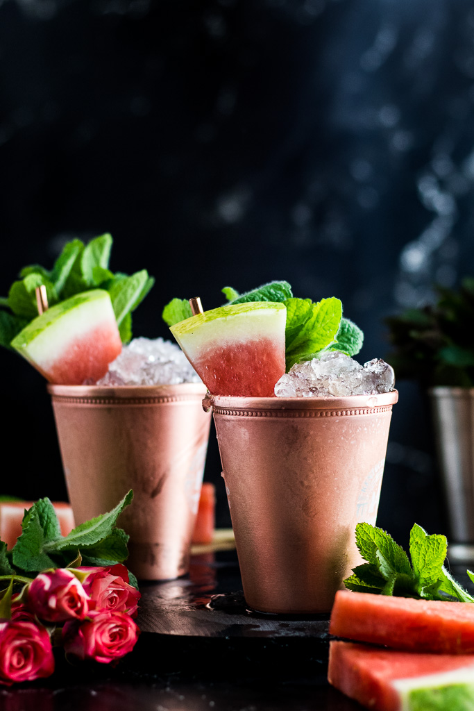 Watermelon Mint Juleps - in copper julep cups garnished with watermelon spears and mint