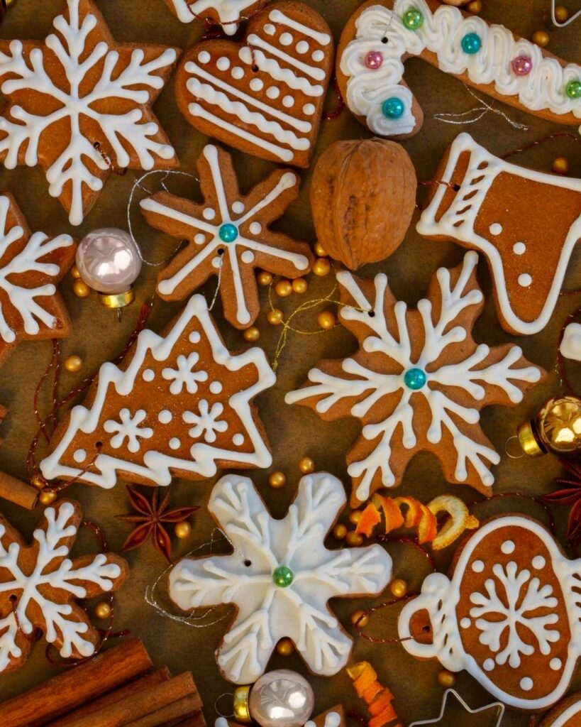 flat lay of gingerbread cookies, decorates