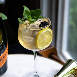 Sparkling Bourbon Lemonade with mint garnish and lemon wheel in a wine glass.