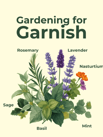 shows a drawn color image of a number of herbs and flowers with Gardening for Garnish as the title