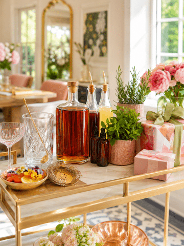 picture of a bar cart in a bright room with flowers, plants, gifts, bourbon, syrups