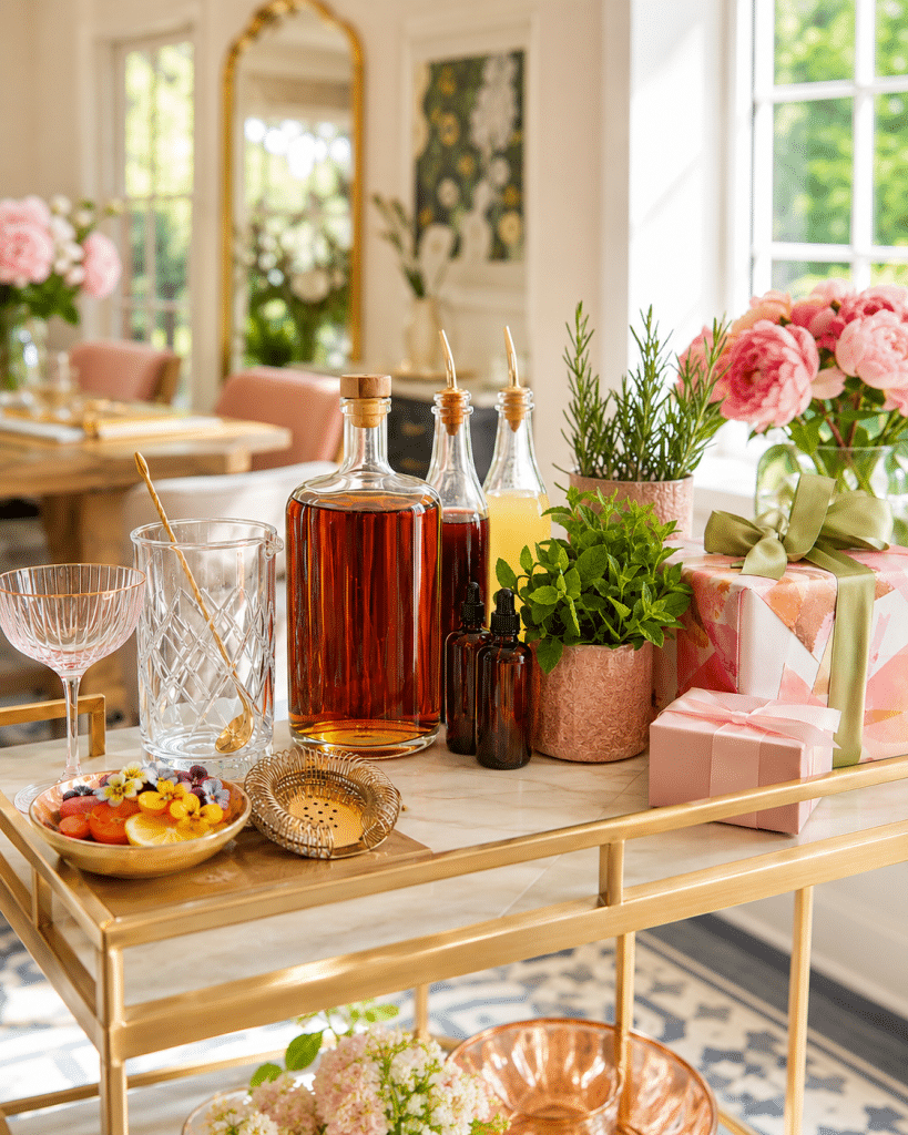 picture of a bar cart in a bright room with flowers, plants, gifts, bourbon, syrups